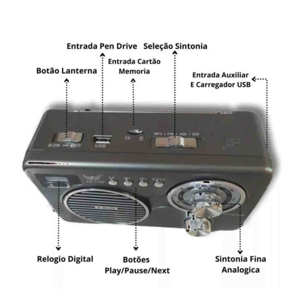 Radio Retrô Portátil Bluetooth com Lanterna Altomex AD-1708 - Image 2